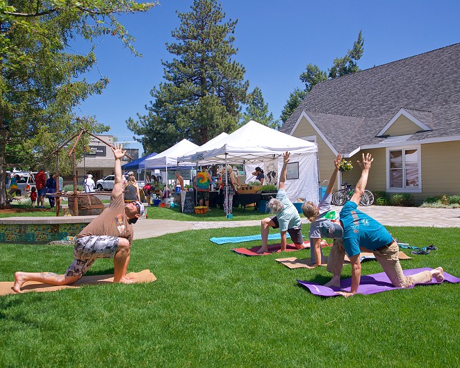 Outdoor yoga at Central Oregon's best kept small town secret - Sisters Farmers Market on Sundays.