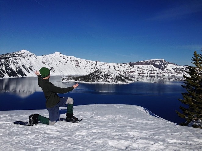 Our presenter taking in the beauty of Crater Lake in the winter!