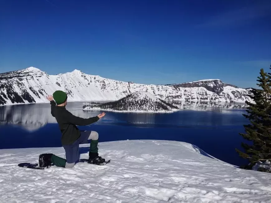 Our presenter taking in the beauty of Crater Lake in the winter!