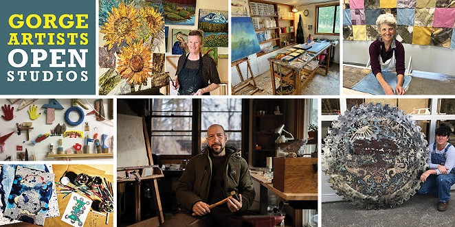 The 2024 Gorge Artists Open Studios tour will feature 45 studios the weekend of April 26-28, 10am-5pm. Come see where art is made! (Pictured clockwise from top) Myrna Anderson, painting; the studio of Mark Nilsson, painting; Sylvianne Johnson, textiles; Kelly Phipps, metalwork; Scott MacDonald, jewelry; the desk of Jason Breeden, mixed media; and the whimsical wall of Rod Stuart’s studio, mixed media.