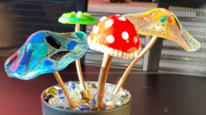 Image: Fused Glass Plant Stakes - Mushrooms