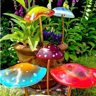 Image: Fused Glass Plant Stakes - Mushrooms