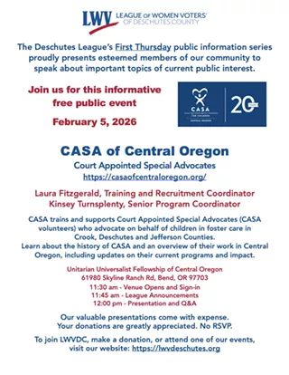 Image: League of Women Voters of Deschutes County First Thursday Public Information Meeting