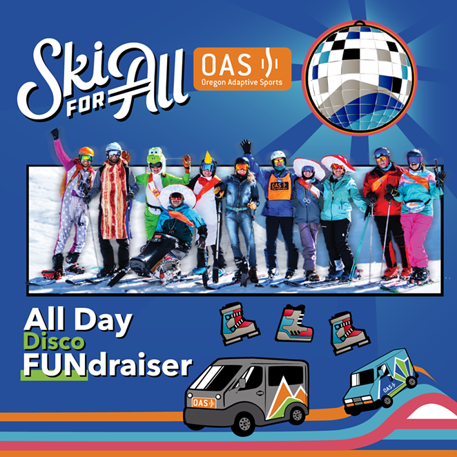 Ski for all, hosted by OAS. An All Day Disco FUNdraiser. A group of adaptive athletes cheer in costumes alongside volunteers in ski gear.