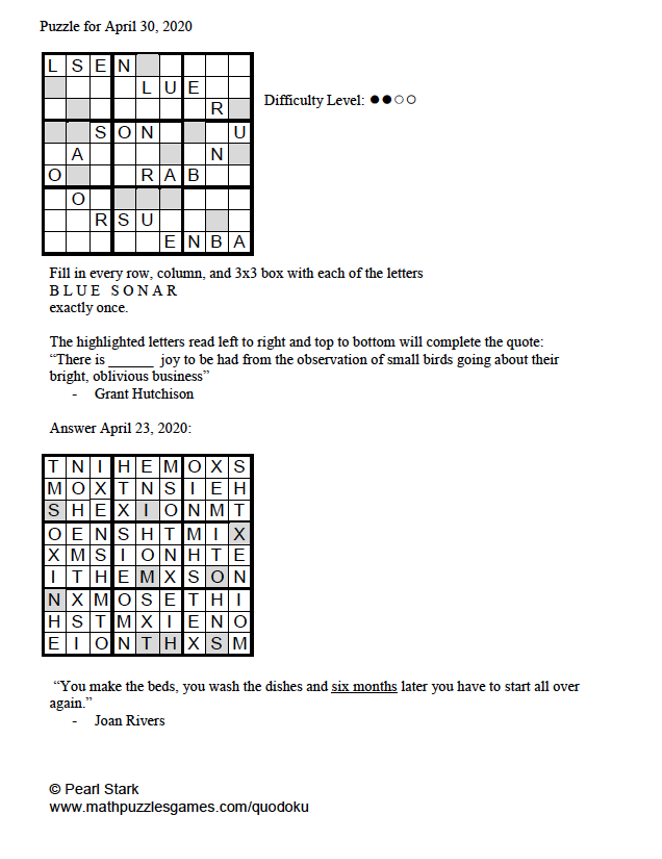 Pearl's Puzzle - Week of April 30