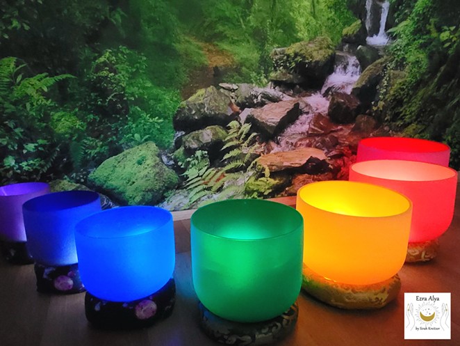 Fairy like tones from 7 chakra colored quartz crystal singing bowls