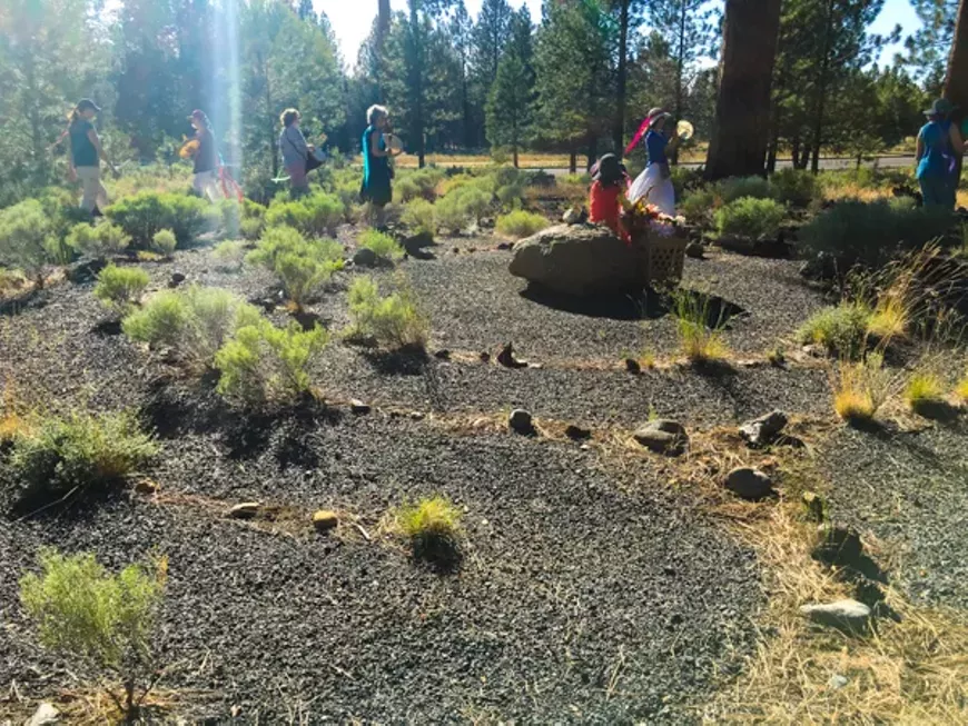 ​Photo depicts Sisters Community Labyrinth in summer; for winter solstice, bundle up for a walking silent meditation and possibly snow.